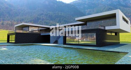 Ehrfürchtiges Design-Vorstadthaus in Waldbergen. Großer Swimmingpool. 3D Rendern. Ausgezeichnetes Bild für Immobilien-Websites. Stockfoto