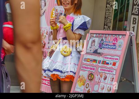 Tokio, Japan-15. September 2018: Junge japanische Frauen, die als Dienstmädchen gekleidet sind, werben für die legendären Dienstmädchen-Cafés in Akihabara, einem Gebiet, das für seine beliebte Dienstmädchen bekannt ist Stockfoto