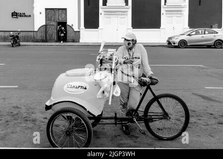 Eine Frau verkauft Eiscreme von Einem mobilen Fahrrad auf der Plaza De Armas, Trujillo, Region La Libertad, Peru. Stockfoto