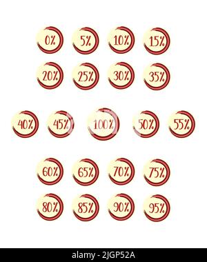Aufkleber rund von 0 bis 100 Prozent, Label-Symbole Logo Rabatte Zusammensetzung teilen Verkauf Tag Vorlage. Isolierter, weißer Hintergrund. Vektorgrafik Stock Vektor