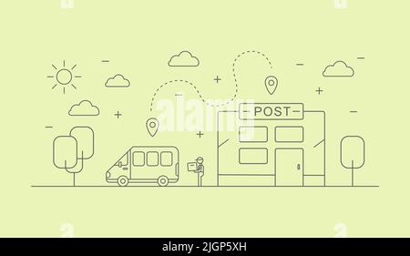 Der Lieferer lädt die Boxen von der Post in den Lieferwagen Stock Vektor