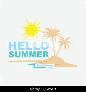 Hello Summer Logo Vektor Design Illustration. Strand und einfache Wellen flach Design Vektor. Abstraktes, kreatives Logo in der Sommersaison Stock Vektor
