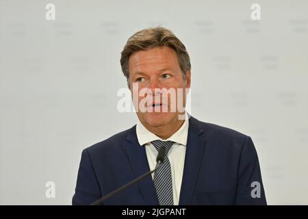 Wien, Österreich. 12. Juli 2022 Pressekonferenz mit Robert Habeck, Vizekanzler der Bundesrepublik Deutschland im Bundesministerium für Kunst, Kultur, Öffentlichen Dienst und Sport in Wien. Stockfoto