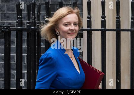 London, Großbritannien. 12.. Juli 2022. Die Ministerin für auswärtige Angelegenheiten, Commonwealth- und Entwicklungsfragen, die Ministerin für Frauen und Qualitäten Liz Truss, kommt in der Downing Street an, um an der wöchentlichen Kabinettssitzung teilzunehmen. Der Wettbewerb, Boris Johnson als Vorsitzender der Konservativen Partei und den neuen britischen Premierminister zu ersetzen, beginnt heute ernsthaft, da die Kandidaten die Unterstützung von 20 Abgeordneten sichern müssen, um zur Wahlphase zu gelangen, wobei die Hoffnungen bis zum nächsten Donnerstag auf die letzten beiden reduziert werden. Quelle: Wiktor Szymanowicz/Alamy Live News Stockfoto