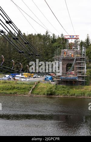 Renovierungsarbeiten an der Union Chain Bridge, River Tweed, Horncliffe, der englischen und schottischen Grenze Stockfoto