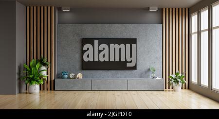 Beton Wand montiert tv im modernen Wohnzimmer.3D Rendering Stockfoto