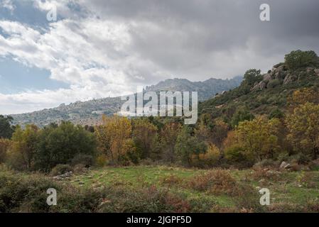 Blick auf den Bach Mediano, im Tal Hueco de San Blas, ein sehr beliebter Ort für Wanderer in der Gemeinde Manzanares el Real, bietet Stockfoto