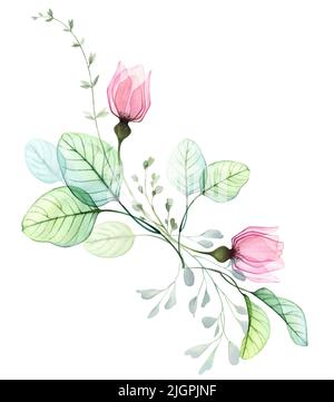 Aquarell abstrakte Anordnung von Rosen und Eukalyptusblättern. Zwei kleine Blüten mit fliegenden Ästen. Transparente, handgezeichnete abstrakte Illustration Stockfoto