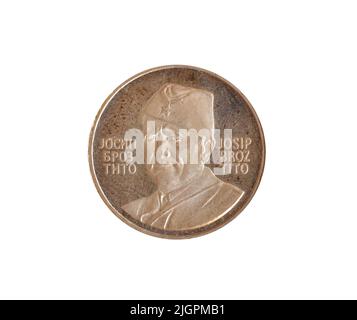 Silbermünze aus Jugoslawien, die das Porträt des Präsidenten Josip Broz Tito in Uniform zeigt und den 40.. Jahrestag der zweiten Sitzung der AVN feiert Stockfoto