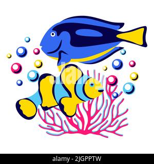 Hintergrund mit tropischen Fischen. Meerwasseraquarium und Meerestiere. Stilisiertes Bild in hellen Farben. Stock Vektor