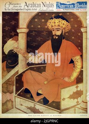 „The Caliph Haroun Al Raschid“, veröffentlicht am 29. März 1925 in der American Weekly Sunday Magazine, gemalt von Edmund Dulac als Teil der Serie „Characters from the Arabian Nights“. Stockfoto