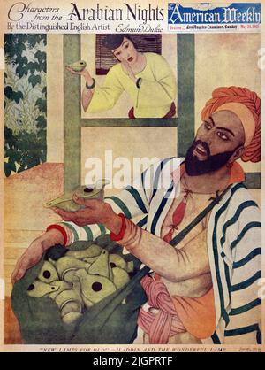 „New Lamps for Old--Aladdin and the Wonderful Lamp“, veröffentlicht am 24,1925. Mai im American Weekly Sunday Magazine, gemalt von Edmund Dulac als Teil der Serie „Characters from the Arabian Nights“. Stockfoto