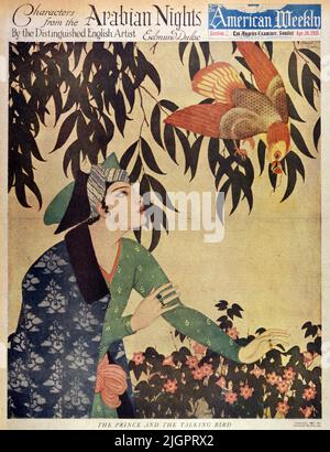 „The Prince and the Talking Bird“, veröffentlicht am 26,1925. April in der American Weekly Sunday Magazine, gemalt von Edmund Dulac für die Serie „Characters from the Arabian Nights“. Stockfoto