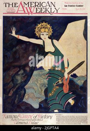 Ariadne veröffentlicht am 31,1929. März in American Weekly Magazin gemalt von Edmund Dulac. Ariadne, Heldin der Geschichte des griechischen Dichters Homer vom Minotaurus, war die Tochter von Minos, dem König der Insel Kreta. Einmal im Jahr musste Athen Kreta sieben seiner schönsten Jungfrauen und sieben seiner schönsten Jünglinge als Opfer für das Monster, das halb Stier und halb Mensch war, Tribut senden. Der griechische Held Theseus, Sohn von Aegues, König von Athen, war einer der ausgewählten Jugendlichen. Er entschlossene sich, den Minotaurus zu töten, der in einem Labyrinth oder unterirdischen Labyrinth von Passagen lebte. Stockfoto