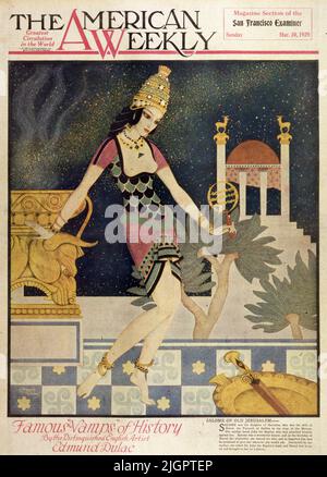 „Salome of Old Jerusalem“ veröffentlicht am 10,1929. März im American Weekly Sunday Magazine, gemalt von Edmund Dulac. Salome war die Tochter Herodias, der zur Zeit des Heilands die Frau des Herodes, des Tetrarchen von Galiläas, war. Ihre Mutter hasste Johannes den Täufer, der bitter gegen sie gepredigt hatte. Salome war eine wunderbare Tänzerin, und am Geburtstag ihres Stiefvaters Herodes tanzte sie für ihn und betörte ihn so, dass er ihr versprach, alles zu geben, was sie bitten würde. Auf Anweisung ihrer Mutter bat sie um den Kopf Johannes des Täufers, und Herodes ließ ihn abschneiden und auf einer Schüssel zu ihr bringen Stockfoto