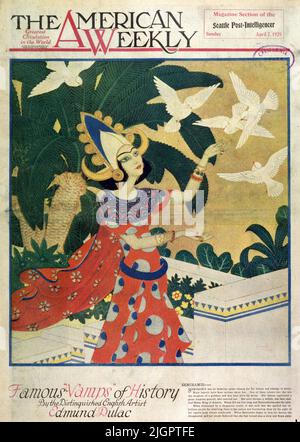 Semiramis, veröffentlicht am 7,1929. April in der American Weekly Sunday Magazine, gemalt von Edmund Dulac als Teil der Serie "Famous Vamps of History" Semiramis war eine assryische Königin, die für ihre Schönheit und ihren Mut im Kampf berühmt war. Über sie sind viele Legenden geschrieben worden. Eine davon berichtet, dass sie die Tochter einer Göttin war und von Tauben am Leben gehalten wurde. Ihre Schönheit fesselte einen großen assyrischen General, der sie heiratete. Sie wurde bald Witwe und heiratete dann Ninus, den König von Assyrien. Ninus lebte nicht lange und Semiramis wurde Herrscher. Stockfoto