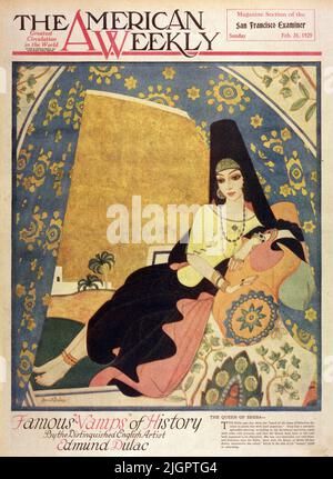 „The Queen of Sheba“, veröffentlicht am 24.2.1939 im American Weekly Sunday Magazine, malte bt Edmund Dulac für die Serie „Famous Vamps of History“. Die Bibel sagt, dass sie, als sie „von dem Ruhm Salomos hörte, kam, um ihn mit harten Fragen zu beweisen“. Sie hatten eine für beide Seiten angenehme Begegnung, so die biblische Erzählung, machten sich gegenseitig reiche Geschenke, und dann ging die Königin zurück in ihr eigenes Land, angeblich Abessina. Sie war sehr schön und sehr Weise, und Salomo, sagt die Bibel, „gab der Königin von Saba all ihr Verlangen, was sie auch immer verlangte“, was das Ziel aller „Vampire“ ist Stockfoto