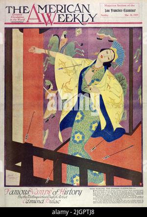 „Yang Kuei Fei – The Chinese Cleopatra“, veröffentlicht am 24,1929. März in der American Weekly Sunday Magazine, gemalt von Edmund Dulac als Teil der Serie „Famous Vamps of History“. Yang Kuei Fei war die Lieblingskonkubine von Hsuan Tsung, allgemein bekannt als Ming Huang, Oder Brilliant Emperor, der letzte Kaiser der T'ang Dynastie von China, um 756 n. Chr. seine Herrschaft war eine der Luxus und Ausschweifung, in der Lady Yang war die zentrale Figur. Sie war die Macht hinter dem Thron. Mitglieder des kaiserlichen Hofes suchten ihre Gunst und wehe ihm, der ihr missfiel. Stockfoto