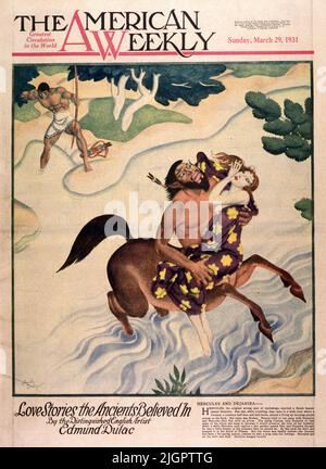 Hercules und Dejanira erschienen im März 29,1931 in der American Weekly, gemalt von Edmund Dulac. Herkules, der ursprüngliche starke Mann der Mythologie, heiratete eine griechische Schönheit namens Dejanira. Eines Tages kamen sie auf der Reise an einen breiten Fluss, an dem ein Centaur, ein Lebewesen, ein halber Mann und ein halbes Pferd, seinen Lebensunterhalt verdiente, indem er Menschen auf seinem Rücken herüberbrachte. Sein Name war Nessus. Nessus versuchte mit Dejanira wegzulaufen, und Herkules schoss ihn mit einem Pfeil. Der sterbende Centaur sagte Dejanira, er solle etwas von seinem Blut nehmen und es aufbewahren, weil es die Liebe ihres Mannes bewahren würde. Nach einer Weile nahm Herkules gefangen ... Stockfoto