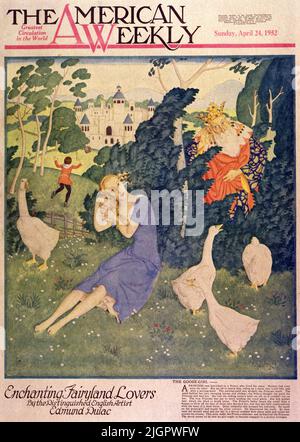 "The Goose Girl", veröffentlicht am 24,1932. April in der American Weekly Sunday Magazine, gemalt von Edmund Dulac. Keiner hatte sich je gesehen. Sie machte sich auf den Weg, um ihn zu heiraten, ritt auf einem Pferd, das sprechen konnte, und mit einer Dienstmagd. Die Dienstmagd war böse, die Prinzessin sanftmütig. Die Magd schikanierte sie in wechselnden Pferden und Kleidern; der Prinz dachte, die Magd sei die Prinzessin und verhandelte sie. Sie ließ den sprechenden Pferden den Kopf abschneiden, so dass er sie nicht erzählen konnte. Die wahre Prinzessin wurde zur Pflege der königlichen Gänse eingesetzt. Sie hatte goldene Haare... Stockfoto