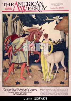 Die Prinzessin und der verzauberte Hirsch, veröffentlicht am 22,1932. Mai in der American Weekly Zeitschrift, gemalt von Edmund Dulac.einst gab es eine schöne Prinzessin und ihren Bruder, und ihre Stiefmutter war eine böse Hexe. Sie verwandelte den Bruder in einen Hirsch. Die Prinzessin und er versteckten sich im Wald. Eines Tages jagte der König und jagte den Hirsch zu seiner Schwester. Der König verliebte sich in die Prinzessin. Er brachte sie in seinen Palast und heiratete sie. Der Hirsch ging mit. Der König dachte, es sei nur ein Haustier. Nach einer Weile hatte die Prinzessin ein Baby. Die Stiefmutter tötete sie und legte ihre einäugige Tochter ins königliche Bett. Stockfoto