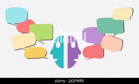 Zwei Menschen sprechen miteinander mit vielen Sprechblasen – Stockillustration Stockfoto