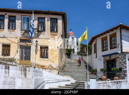 Traditionelle Häuser im osmanischen Stil in der Altstadt von Xanthi, Xanthi, Westthrakien, Griechenland. Stockfoto