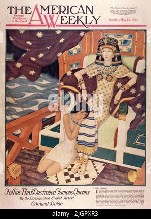 „Cleopatra“, veröffentlicht im Mai 13,1934 in der American Weekly Zeitschrift, gemalt von Edmund Dulac. Cleopatra war eine kluge und ehrgeizige Königin, durch ihre Weisheit und ihre List gelang es ihr, Julius Caesar dazu zu bringen, die raubgierigen Hände Roms vor Ägypten zu bewahren. Nachdem er ermordet wurde, wählte sie Marc Antony für ihren Beschützer. 31 v. Chr. kämpften Antony und Octavian, die Caesar adoptiert hatte, um die Herrschaft über das Römische Reich. Antonys Truppen siegen an Land, aber die Seeschlacht vor Actium stand im Zweifel. Cleopatra war auf einem Schiff auf Antony auf einem anderen.Nachrichten wurden nach Cleopatra gebracht... Stockfoto