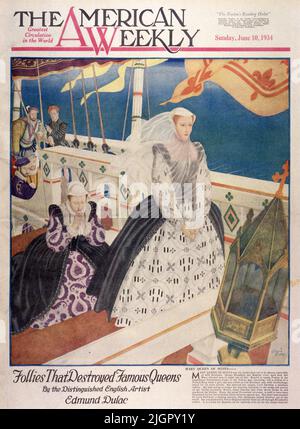 „Mary Queen of Scots“, veröffentlicht am 10,1934. Juni im American Weekly Sunday Magazine, gemalt von Edmund Dulac. Mary Queen of Scots war zu zärtlich, um Königin zu sein, besonders im wilden Schottland. Königin Elizabeth, ihre englische Rivalin, benutzte Männer, aber Mary erlaubte Männern, sie zu benutzen. Aufgezogen im sonnigen Frankreich im prächtigen Renaissance-Hof der Valois; schwul, charmant: Sie ließ eine Witwe eines französischen Königs, als ein Mädchen, sie gerufen wurde, um Schottland zu regieren, und, mit Vorahnungen, segelte für seine strengen Küsten. Sie heiratete ihren Cousin, Lord Darnley, ein geistloser Rohling. Sie versuchte, ihre Sorgen zu vergessen.. Stockfoto