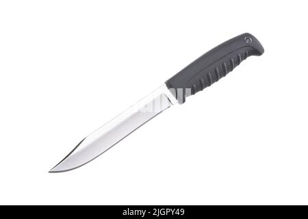 Kochmesser isoliert auf weißem Hintergrund. Scharfes Messer aus Stahl mit schwarzem Griff. Angriffs- und Verteidigungswaffen. Stockfoto
