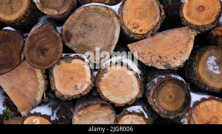 Panorama von gestapelten Holzstämmen, die mit Schnee bedeckt und in mehreren Reihen angelegt sind. Natürlicher Hintergrund aus Holz. Nahaufnahme des trockenen Brennholzes. Stockfoto