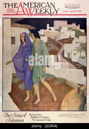 KAPITEL 3 VERS 4 Veröffentlicht am 26,1936. April in der American Weekly Sunday Magazine, gemalt von Edmund Dulac. „Ein wenig kam ich an ihnen vorbei, aber ich fand den, den meine Seele liebt. Ich hielt ihn fest und ließ ihn nicht gehen, bis ich ihn ins Haus meiner Mutter gebracht hatte…“ Stockfoto