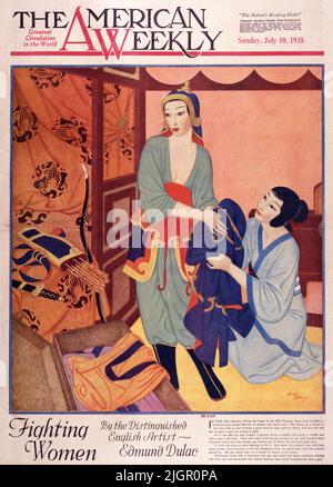 „MU Lan“ wurde am 10,1938. Juni in der American Weekly Sunday Magazine veröffentlicht, die von Edmund Dulac gemalt wurde. Im fünften Jahrhundert, während der Herrschaft der Wei-Tartaren, erhob sich in China ein wunderschönes Mädchen namens Mu-lan, um den Schlachtruf zu beantworten. Die Kahn hatte, wie eine Ballade der Zeit sagt, eine große Menschenabgabe angeordnet, und ihr Vater war zu alt und ihre Brüder zu jung, um zu kämpfen. So war es Mu-lan, der ein galoppes Pferd, einen Sattel und ein Tuch, eine Schnalle und Zügel und einen hohen Bogen kaufte. Dann ging sie auf ihre Kriegsbefehlung hinaus und reiste viertausend Meilen, bis der Feind aus China vertrieben wurde. Stockfoto