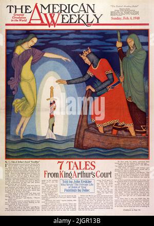 „The Tale of Arthur’s Sword „Excalibur“, veröffentlicht im American Weekly Sunday Magazine am 4,1940. Februar, gemalt von Edmund Dulac. In seiner abenteuerlichen Jugend wurde Arthur König, aber er hatte kein gutes Schwert, und ohne ein gutes Schwert kann kein König viel erreichen. Die besten Schwerter wurden durch Magie geschmiedet oder durch ein Wunder erworben, und Arthur, beginnend mit einer Klinge gewöhnlicher Manufaktur, traf fast seinen Tod. Als er mit Pellinore kämpfte, brach seine billige Waffe in Stücke, und Pellinore hätte ihm den Kopf abgeschnitten, wenn Merlin nicht mitgekommen wäre und ihn in ein Gespräch verwickelt hätte. Stockfoto