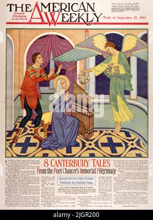 „Die Geschichte der zweiten Nonne von Saint Cecilia“, veröffentlicht am 27.1942. September im American Weekly Sunday Magazine, gemalt von Edmund Dulac. Cecilia, eine strahlende Jungfrau, wurde im alten Rom aus edlem Blut geboren. Von Kindheit an wurde sie im christlichen Glauben erzogen, vermutlich von ihren Eltern. Sie gewann bemerkenswerte Erfolge in der Musikkunst und gilt bis heute als schutzpatronin der Kirchenorganisten. Die Pfeifenorgel war zu ihrer Zeit ein primitives Instrument, klein und tragbar, wie Sie aus Mr. Dulacs Illustration sehen werden, die in jeder Hinsicht zuverlässig ist. Als Cecilia noch im Alter war, um zu heiraten,... Stockfoto