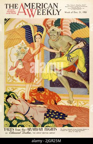 „The jinnee Dehnesh brings Princess Baduur to compare her with Prince Kermerezzeman“, veröffentlicht im Dezember 31,1950 in der American Weekly Sunday Magazine, gemalt von Edmund Dulac für die Serie „Tales from the Arabian Nights“ Stockfoto