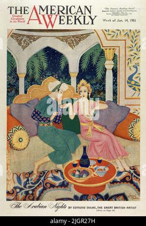 „Prinz Ahmed und die Feenprinzessin Peri-Banou“, veröffentlicht am 14,1951. Januar im American Weekly Sunday Magazine, gemalt von Edmund Dulac für die Serie „Tales from the Arabian Nights“. Stockfoto