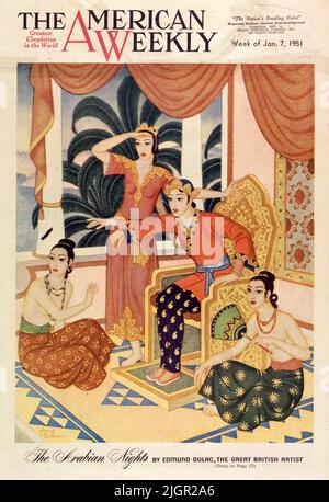 „Prinzessin Badoura, die als König verkleidet regiert, saß oft auf einem Balkon mit Blick auf das Meer, in der Hoffnung, dass das nächste Schiff ihre Geliebte bringen würde“, veröffentlicht am 7,1951. Januar in der American Weekly Sunday Magazine, gemalt von Edmund Dulac für die „Tales from the Arabian Nights series“-Serie. Stockfoto