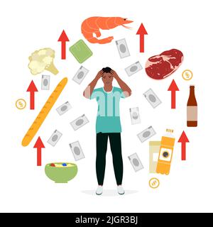Vektorgrafik der Mensch ist aufgebracht. Steigende Preise. Hohe Preise für Essen. Schulden. Einsparung von Haushaltsbudget. Höhere Kosten. Geld. Gestresste Person. Finanzielle Pro Stock Vektor