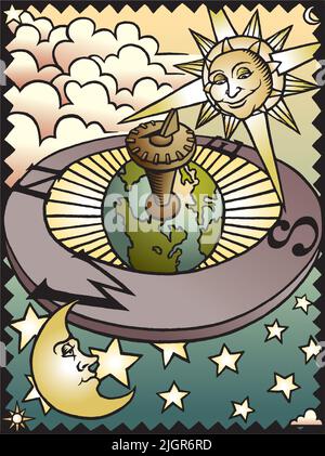 Eine Vektordarstellung im Holzschnitt von Sonne, Mond, Sternen und Sonnenuhr. Stock Vektor