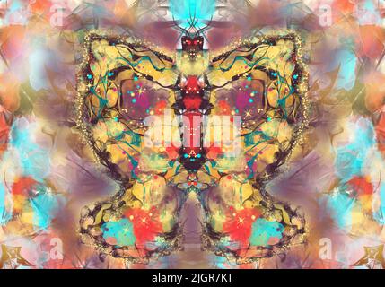 Gelb intensiv mehrfarbig ein Schmetterlingsmuster mit funkelnden Flecken und glänzenden Details auf dem weichen, farbenfrohen Boden. Stockfoto