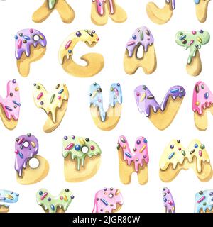 Süße Buchstaben von Cookies in farbigen Glasur mit Süßwaren bestreut. Aquarelldarstellung. Nahtloses Muster auf weißem Hintergrund von einem großen Stockfoto