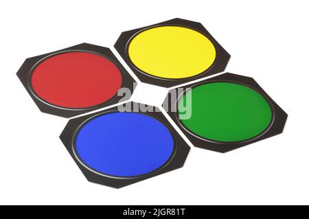 Vier Farbgel-Filter mit Metallrahmen, isoliert auf Weiß Stockfoto