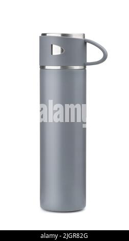 Vorderansicht des grauen Thermosklasks aus Metall, isoliert auf Weiß Stockfoto