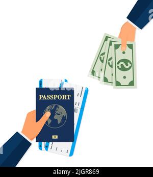 Hipster junger Mann zeigt Pass mit Tickets und Bargeld, Geld. Trendige bärtige Person mit Bordkarte und Geldscheinen in der Hand. Männlicher Charakter Stock Vektor
