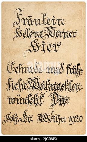 Alte Postkarte mit kalligraphischem handgeschriebenem Text. Grunge Vintage Textur Hintergrund Stockfoto