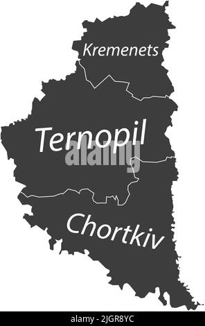 Dunkelgrau getaggte Karte von Raionen des GEBIETS TERNOPIL, UKRAINE Stock Vektor