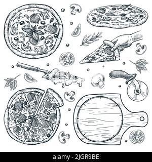 Italienische Pizza-Set, isoliert auf weißem Hintergrund. Vektorgrafik für Fast-Food-Snacks. Pizzeria-Menü handgezeichnete Vintage-Designelemente Stock Vektor