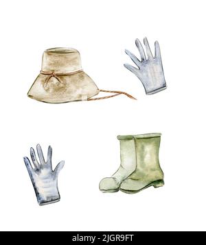 Handgezeichnete alte Handschuhe, Hut, Stiefel für Gärtner Stockfoto