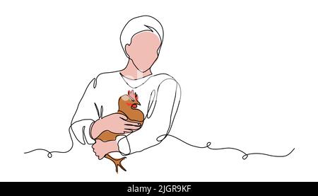 Bauer mit Henne, Huhn in den Händen. Vektorhintergrund, Banner, Poster für Geflügel. Eine kontinuierliche Linie Kunst Zeichnung Illustration von Landwirt mit Henne Stock Vektor